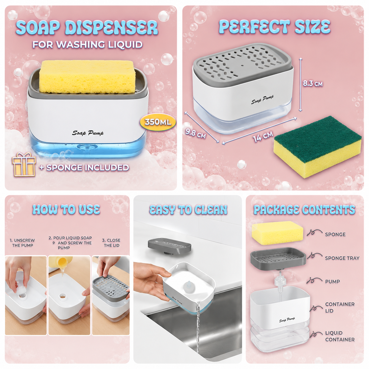 Kitchen Soap Pump Dispenser with Sponge Holder,