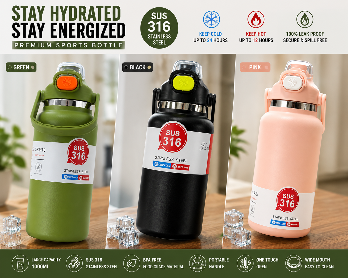 316 Stainless Steel Vacuum Large Capacity Water Bottle 1350ml