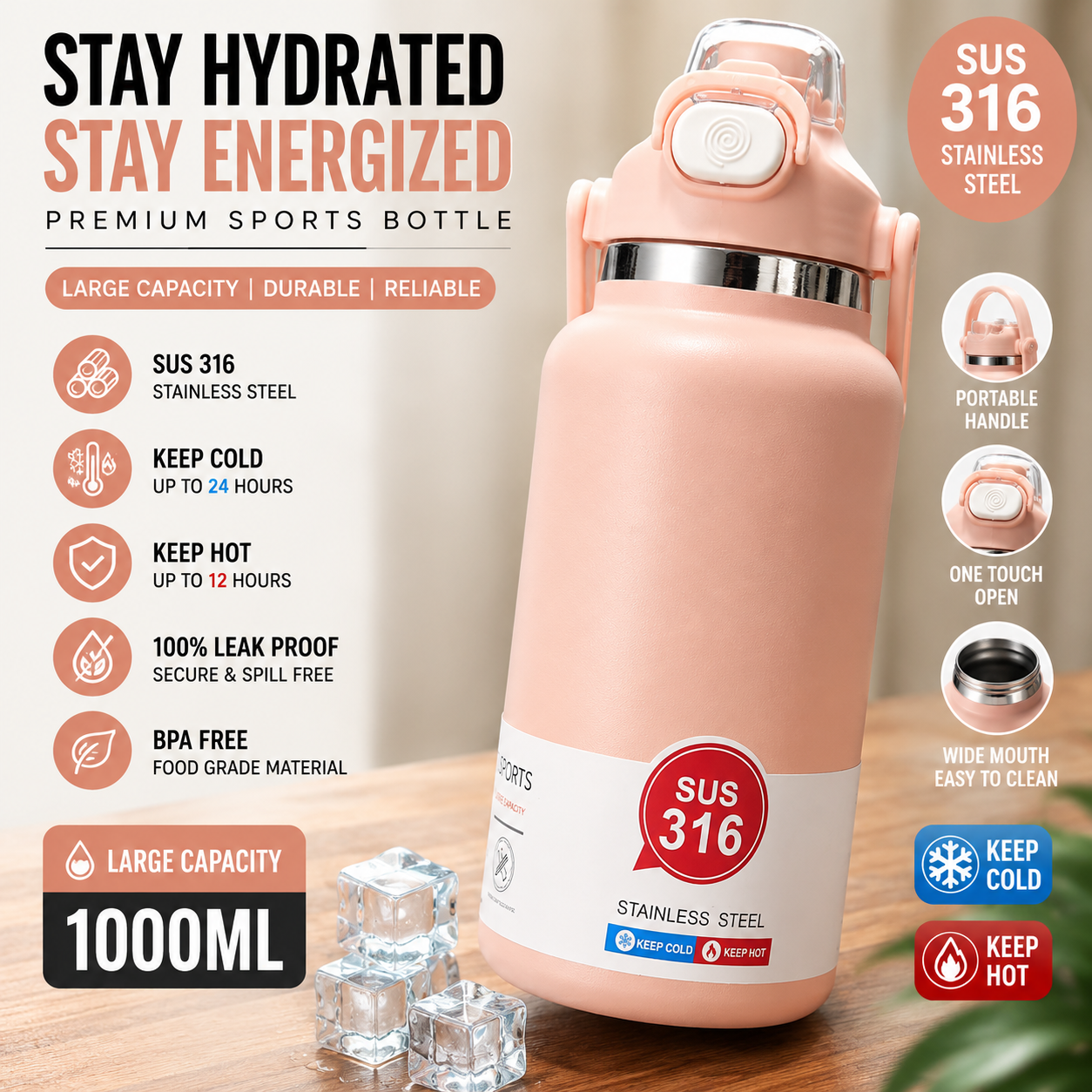 316 Stainless Steel Vacuum Large Capacity Water Bottle 1350ml