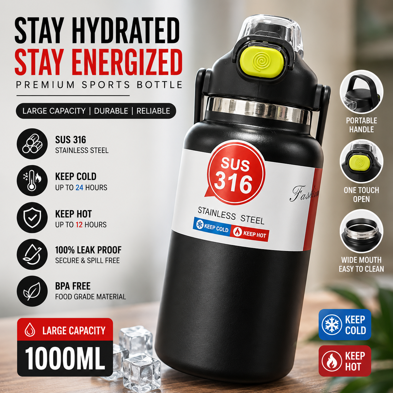 316 Stainless Steel Vacuum Large Capacity Water Bottle 1350ml