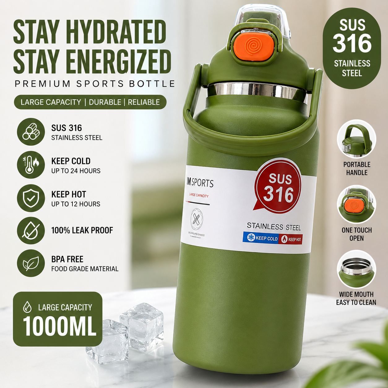 316 Stainless Steel Vacuum Large Capacity Water Bottle 1350ml