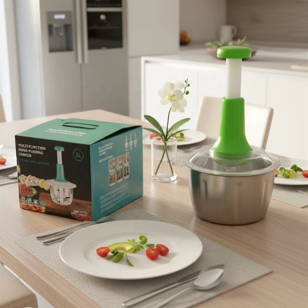 2L Manual Push Chopper Stainless Steel Meat & Vegetable Food Processor