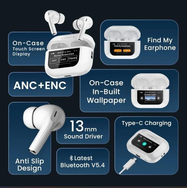 Smart Screen ANC + ENC Noise Cancelling Bluetooth Earbuds