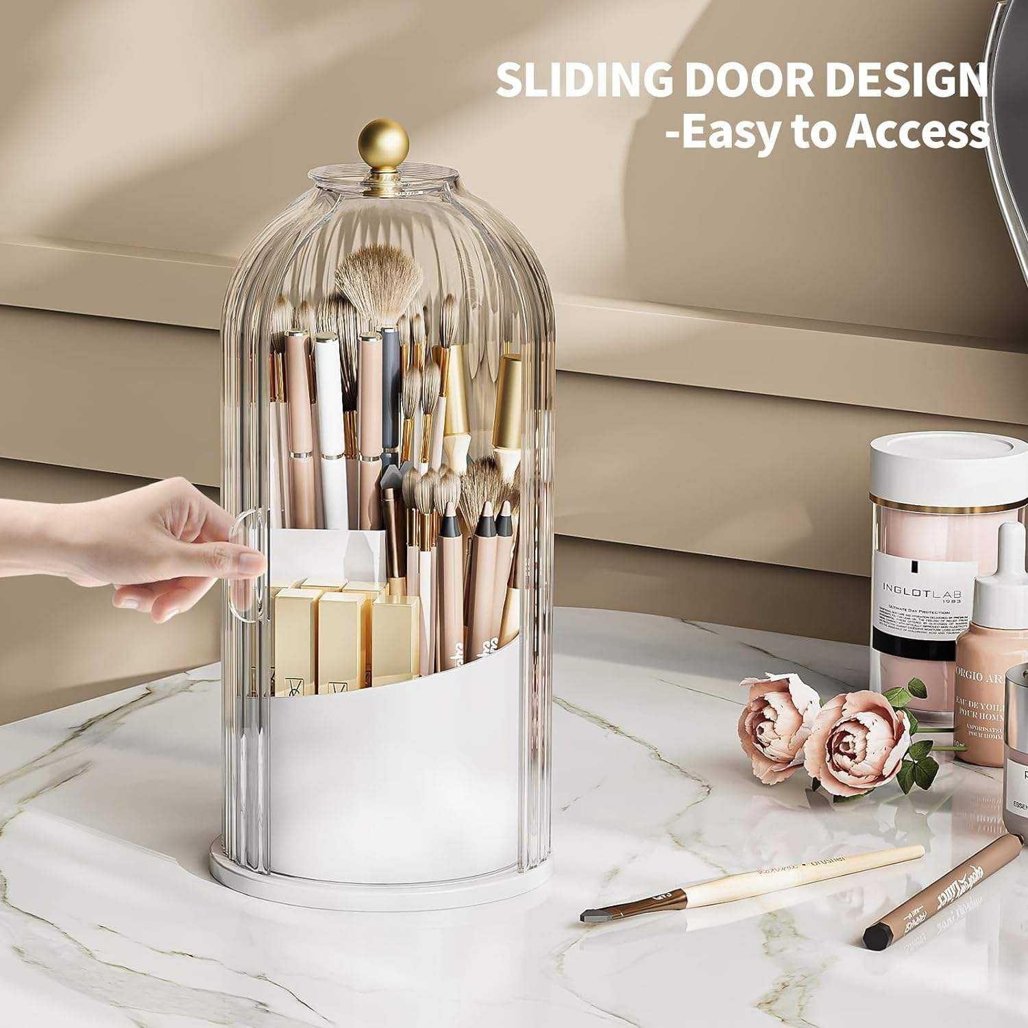 Plastic Makeup Brush Holder with Lid – Vanity Cosmetic Organizer