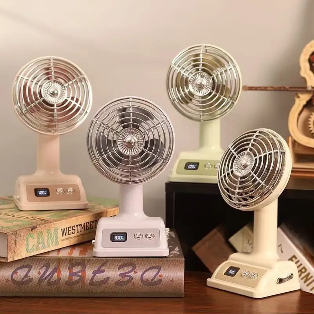 Retro Desktop Fan – USB Rechargeable Table Fan with Digital Display