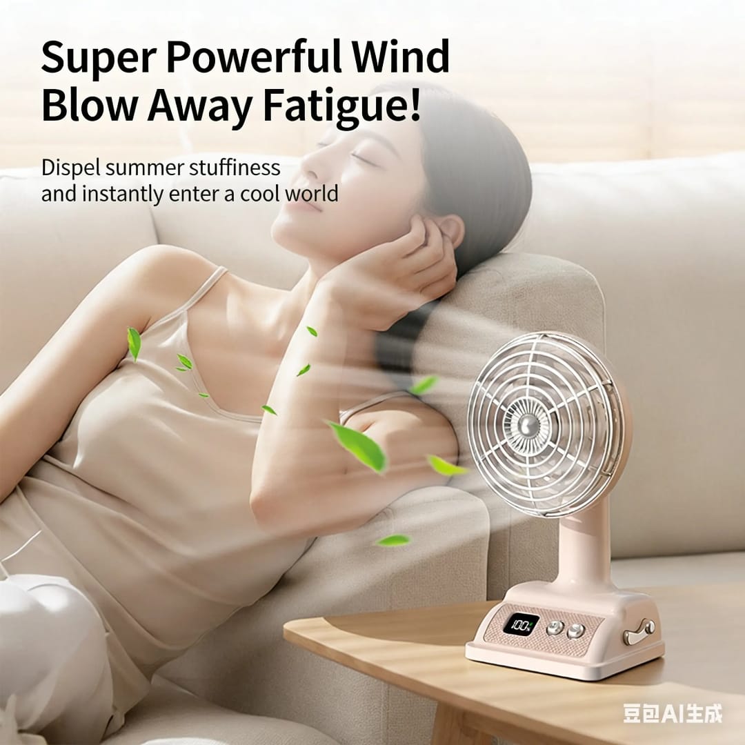 Retro Desktop Fan – USB Rechargeable Table Fan with Digital Display