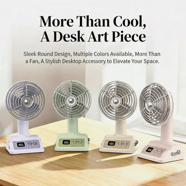 Retro Desktop Fan – USB Rechargeable Table Fan with Digital Display