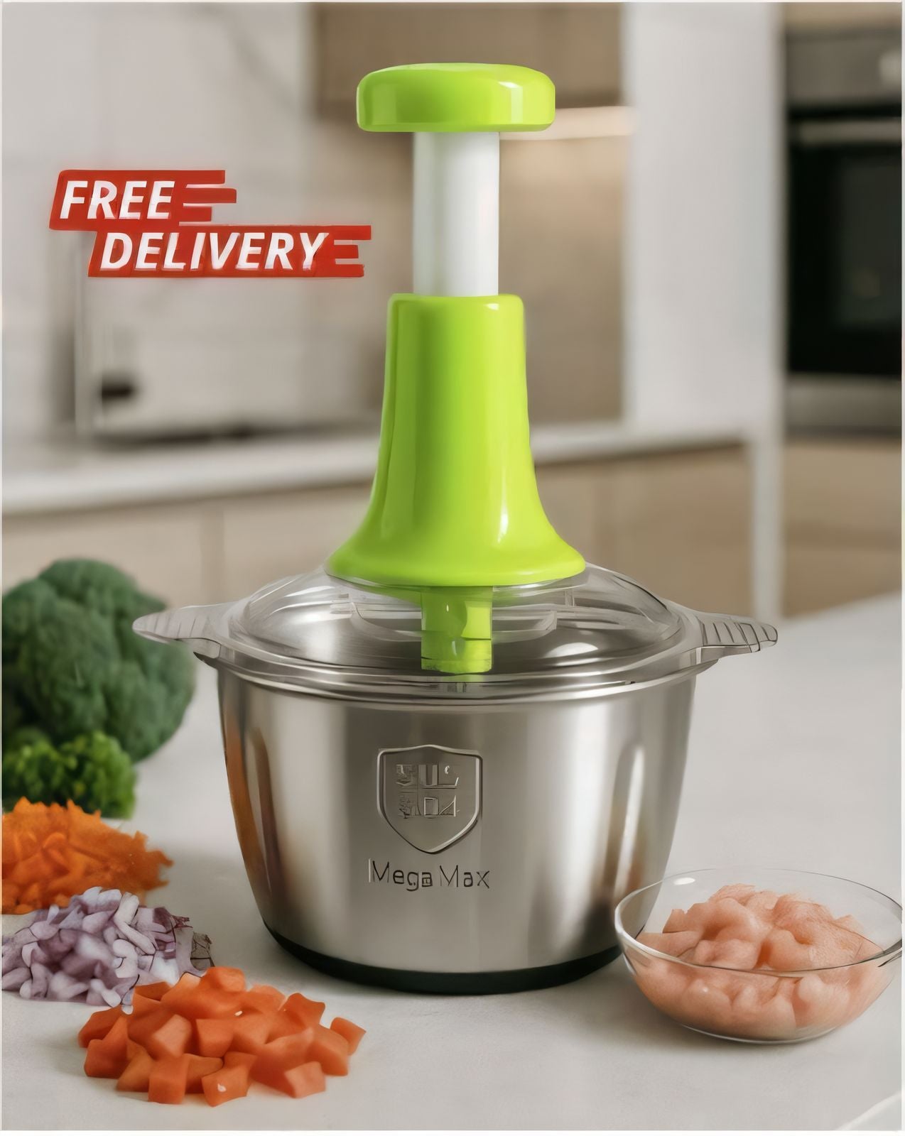 2L Manual Push Chopper Stainless Steel Meat & Vegetable Food Processor