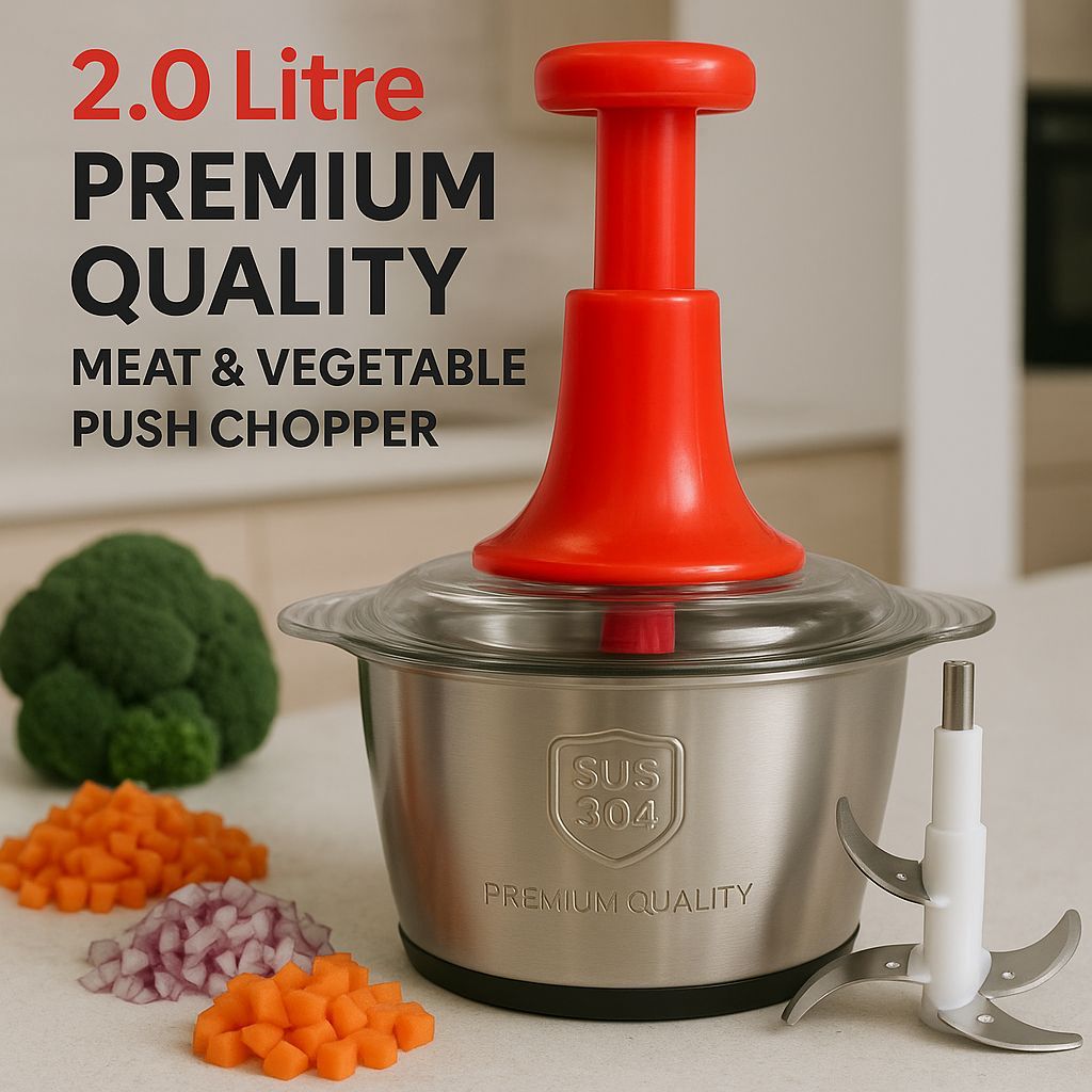 2L Manual Push Chopper Stainless Steel Meat & Vegetable Food Processor