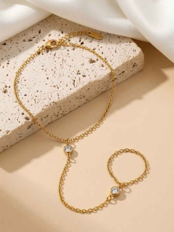 Gold Hand Chain Bracelet Ring Set